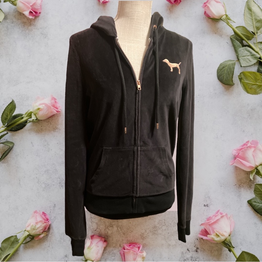 🥀Victoria’s Secret Pink O. G Black W/ Rose Gold Velour Zip Up Hoodie SzM